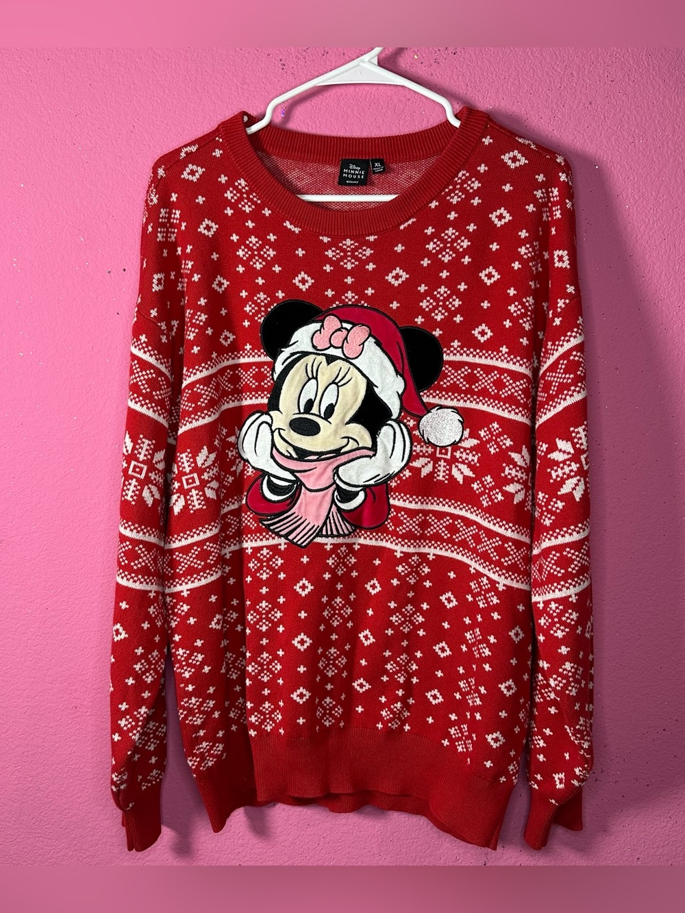 Disney Minnie Mouse Christmas Sweater Red Knit XL Long Sleeve Pullover Layering